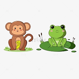 扁平风手绘可爱猴子青蛙