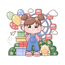 六一儿童节游乐场摩天轮小女孩