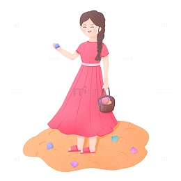 手绘少女沙滩捡贝壳