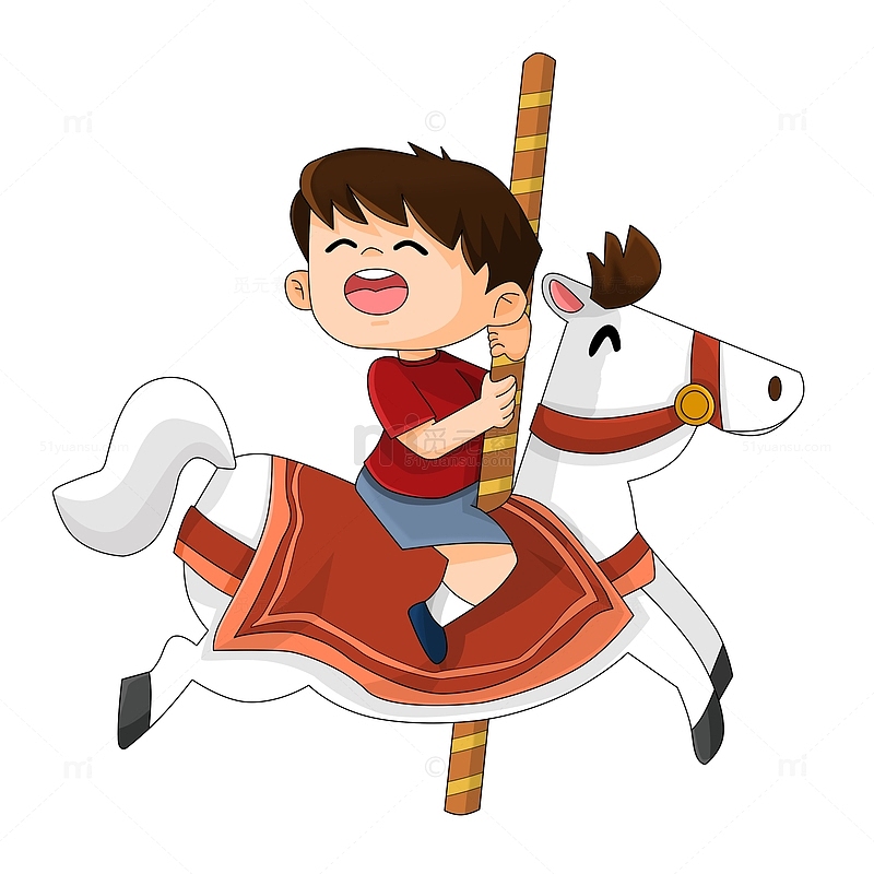 游乐园骑旋转木马的开心小男孩