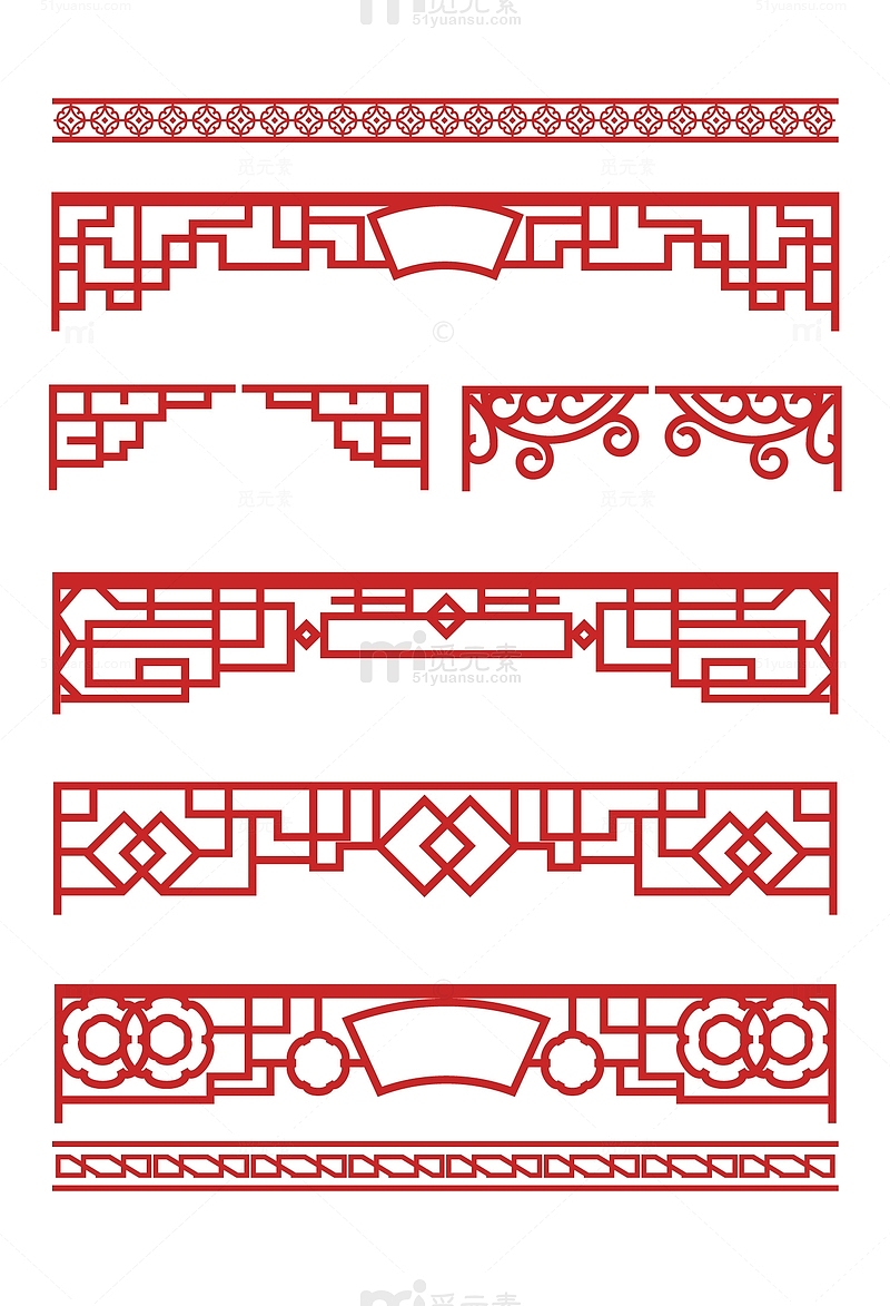红色中国风线条几何窗花屋檐装饰边框
