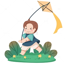 儿童节快乐小男孩外出放风筝场景卡通元素
