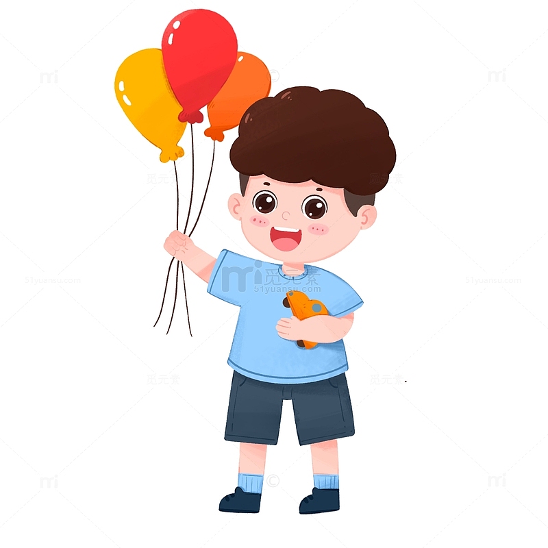 卡通手绘儿童节男孩拿着玩具和气球元素