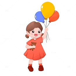 卡通手绘女孩拿着三个气球儿童节元素