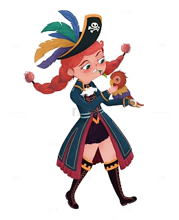 可爱复古海盗鹦鹉小女孩