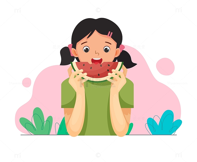 夏日小女孩吃西瓜矢量插画元素