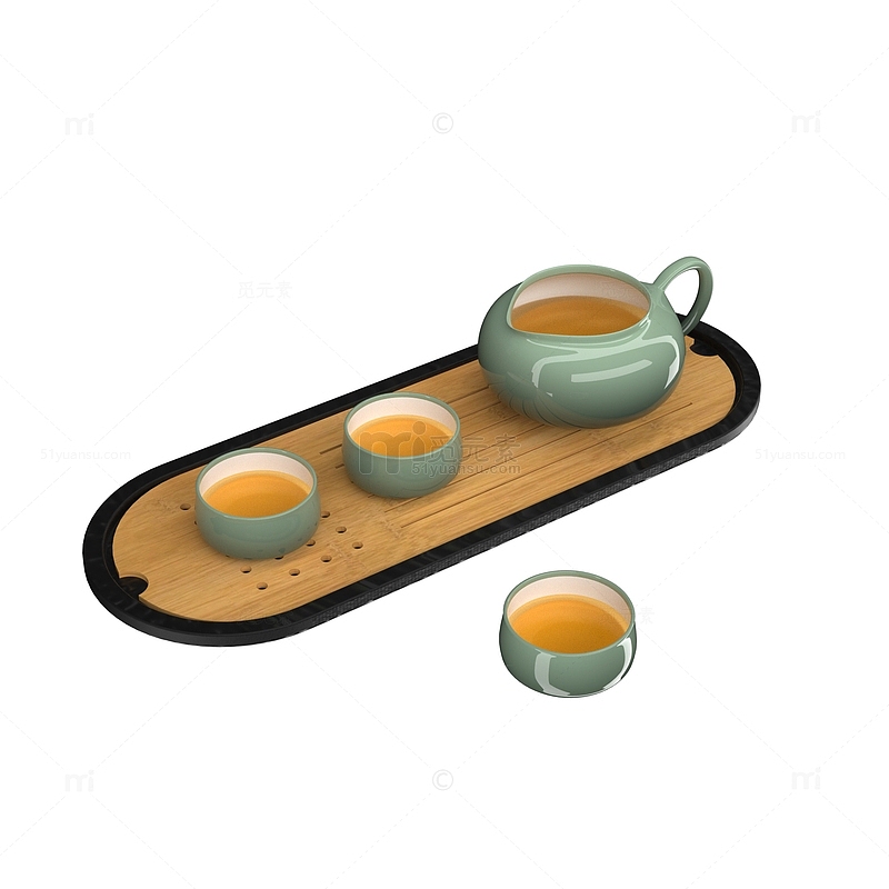 3D中国风墨绿色茶壶茶杯茶具