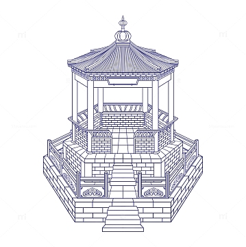 素描简笔黑白线稿古风亭子