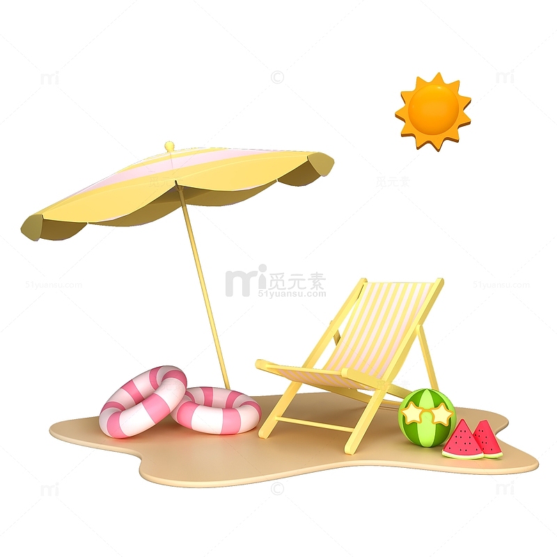 3D立体夏日西瓜遮阳伞躺椅太阳游泳圈元素