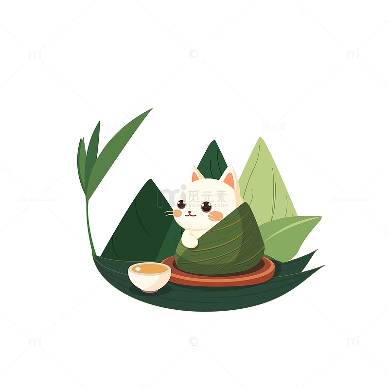 端午节吃粽子包粽子粽叶喝茶动物猫