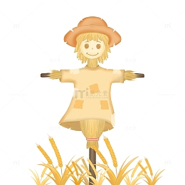 秋天金黄小麦卡通稻草人插画手绘