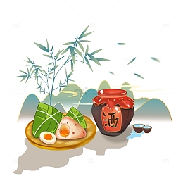 手绘黄酒复古酒坛酒碗粽子咸鸭蛋植物元素