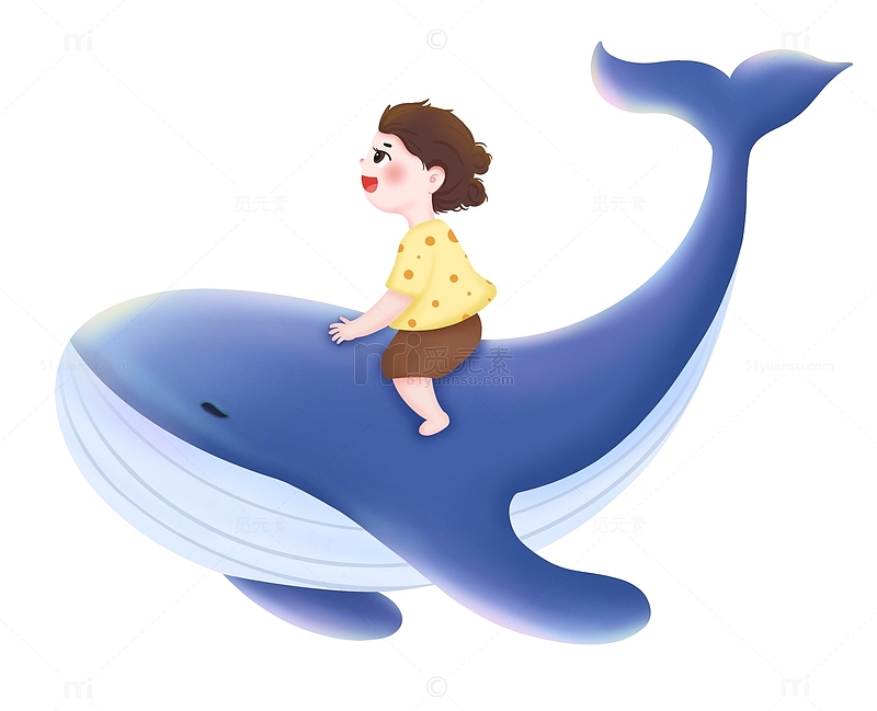 卡通女孩梦幻鲸鱼海洋飞翔海报插画装饰元素