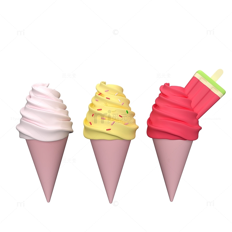 3D立体夏天冰淇淋甜筒冷饮雪糕元素