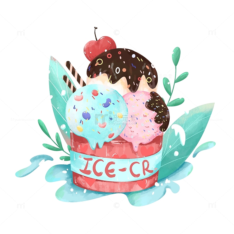 手绘水彩小清新夏日冰淇淋饮品甜品元素