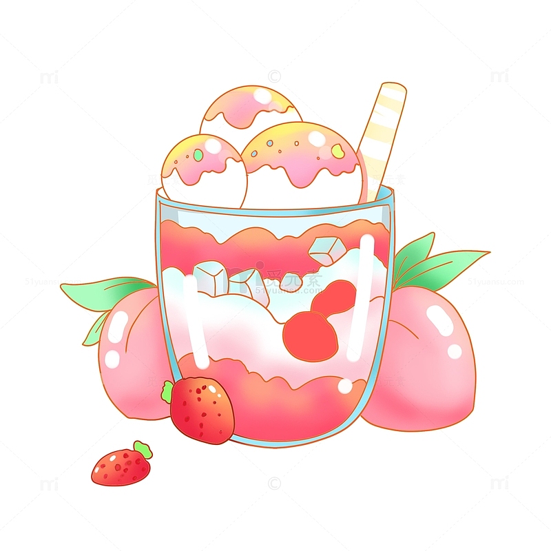 水果水蜜桃草莓冰饮插画素材