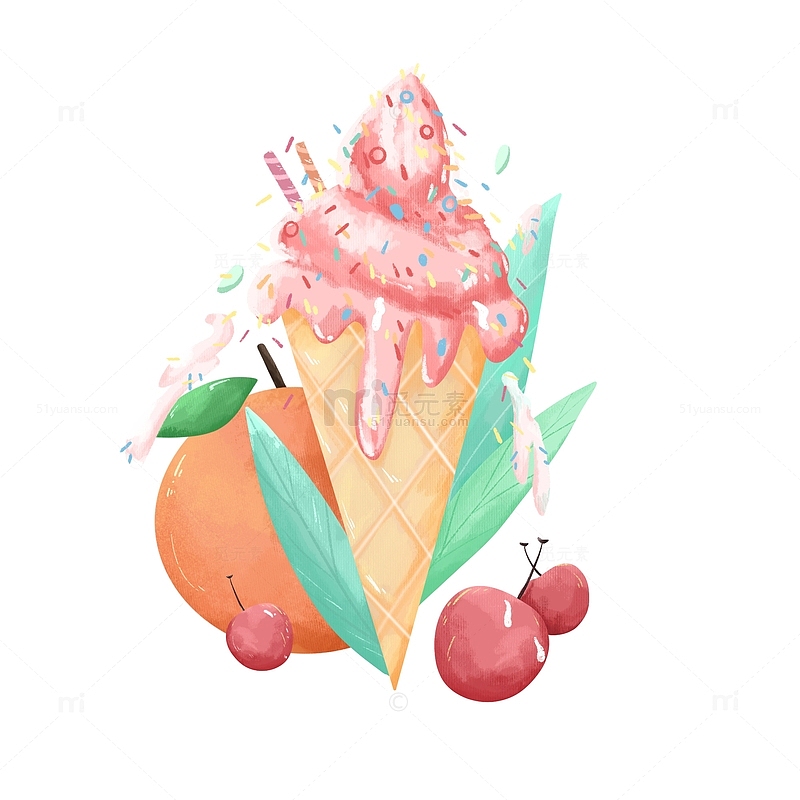 手绘卡通小清新夏日冰淇淋雪糕水果绿植元素