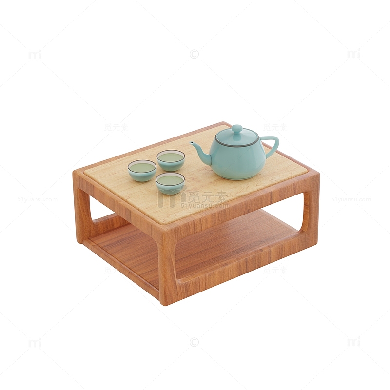 3D墨绿色茶杯茶壶绿茶木制小茶几