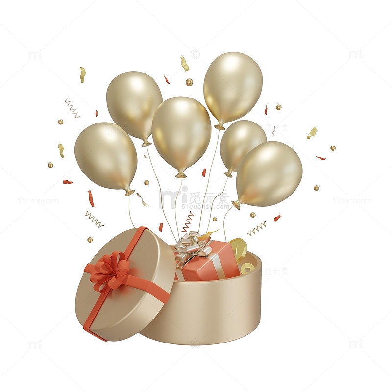 3D金色气球礼盒礼物礼包装饰元素