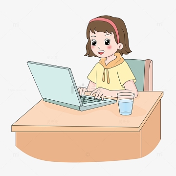 女孩玩笔记本电脑卡通手绘图