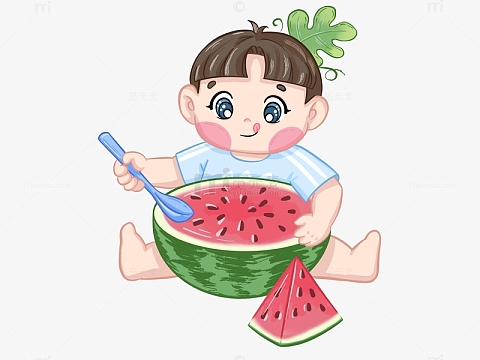 夏至可爱小男孩儿吃西瓜
