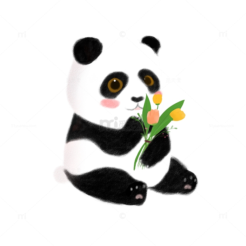 手绘卡通抱鲜花的大熊猫