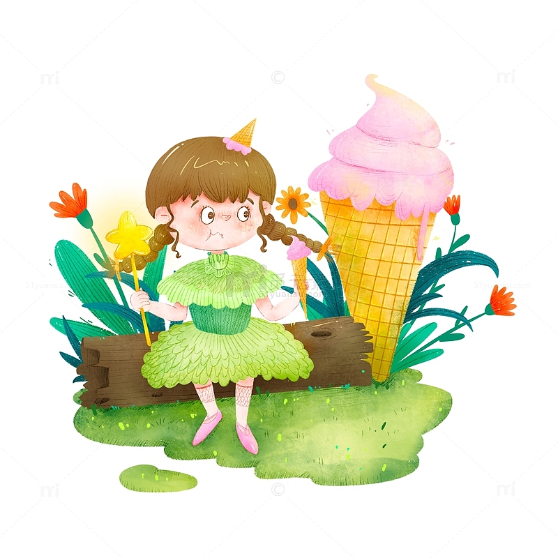 手绘爱吃冰淇淋的小女孩
