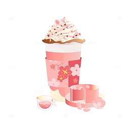 扁平插画樱花少女粉布丁奶盖冷饮