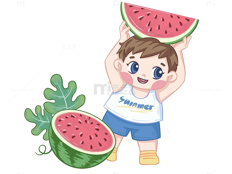 夏至可爱的小男孩吃西瓜