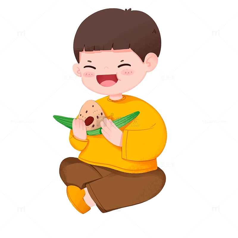 男孩开心吃粽子卡通手绘元素