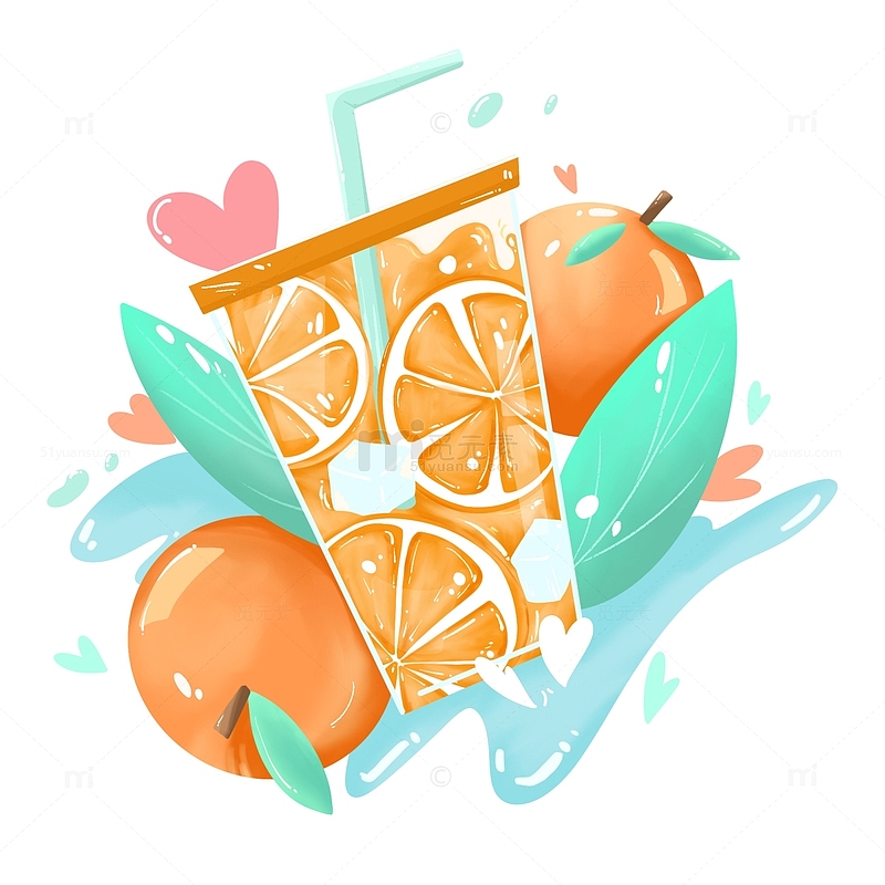 手绘卡通夏日饮品橙汁橘子水果元素