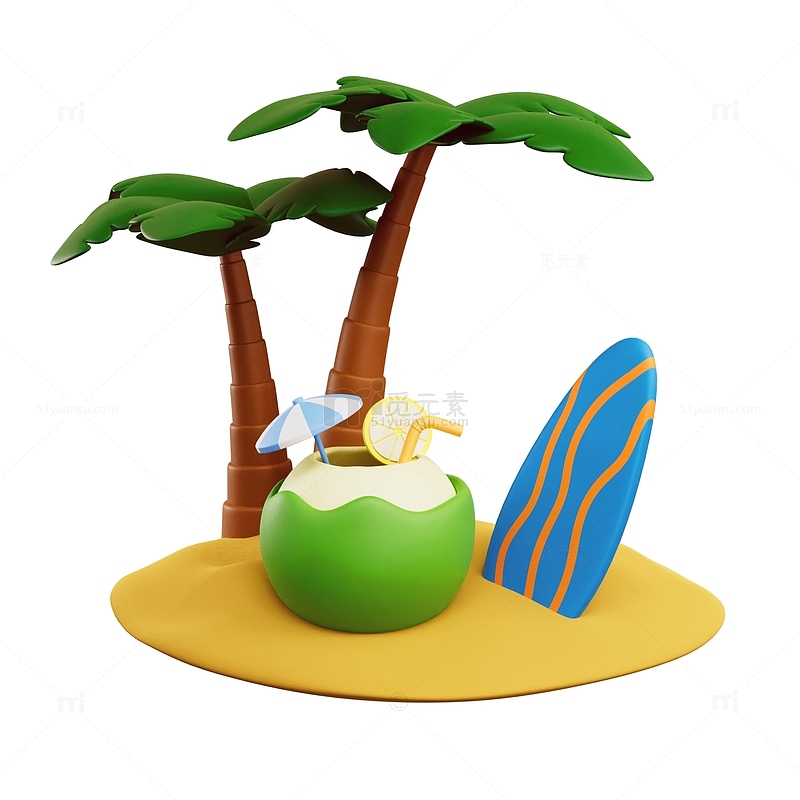 3D卡通夏日沙滩椰子树椰子冲浪板小场景