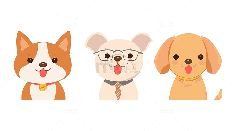 三只可爱的插画宠物小狗