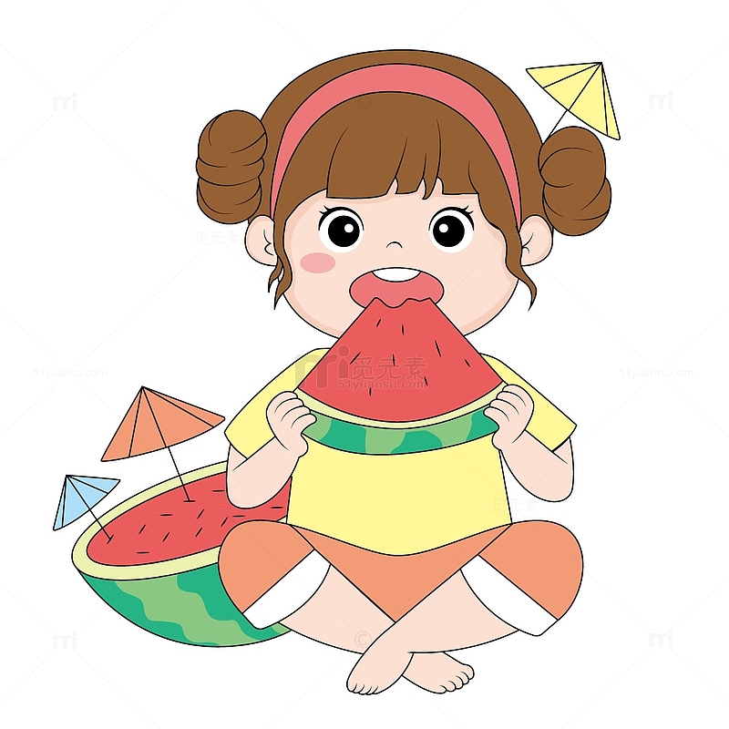 夏天小女该吃西瓜手绘图