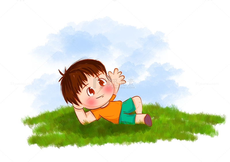 夏天暑假郊外躺在草地小男孩乘凉
