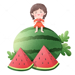 手绘夏季吃西瓜场景