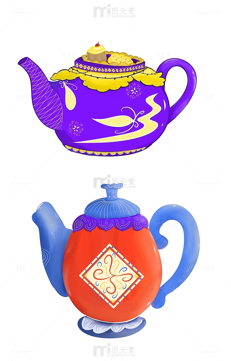 扁平风格创意手绘茶壶元素 亮色室内摆件