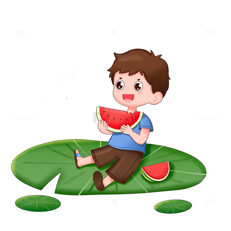 手绘夏季男孩在荷叶上吃西瓜免抠元素