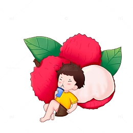 夏季男孩在荔枝边上喝冷饮免抠元素