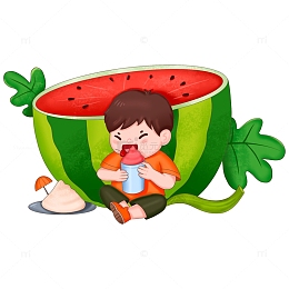手绘夏季男孩在西瓜边上吃冷饮免抠元素