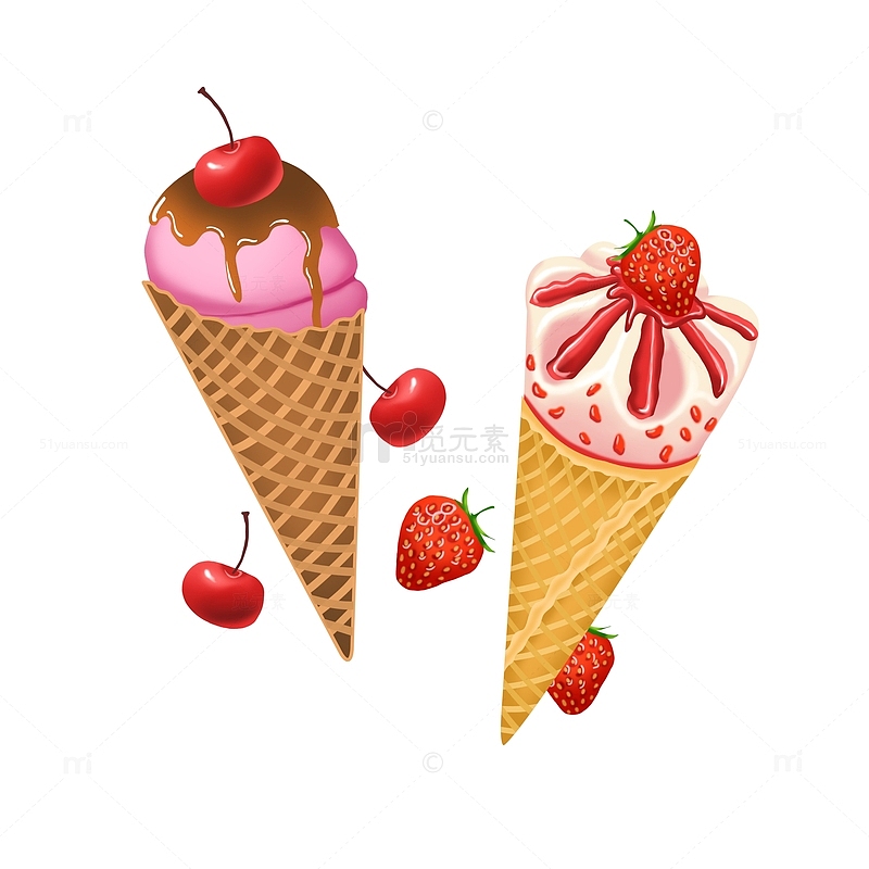 夏日手绘甜筒冰淇淋樱桃草莓水果蛋筒