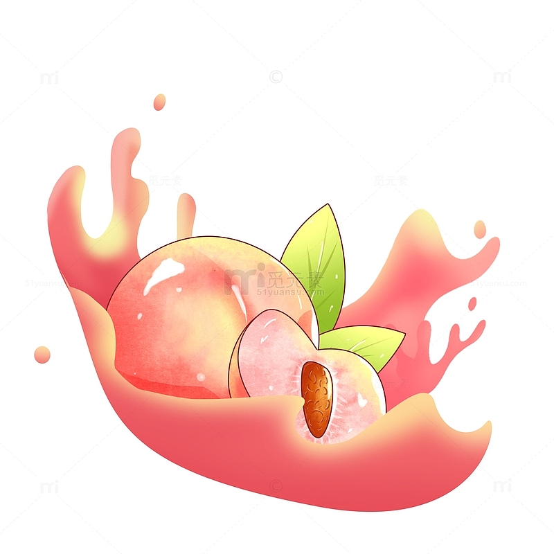 红色桃子水果果汁飞溅插画元素