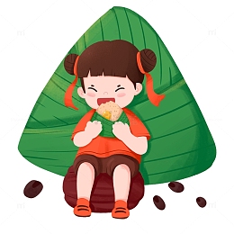 手绘端午节女孩在大粽子前吃粽子免抠元素