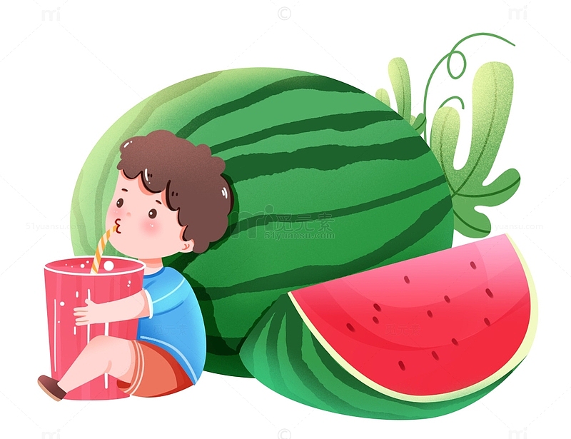 夏至小暑小男孩喝西瓜汁二十四节气元素