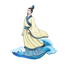 手绘端午节屈原人物汉服浪花