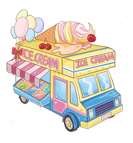 马卡龙色冰淇淋车场景手绘插画