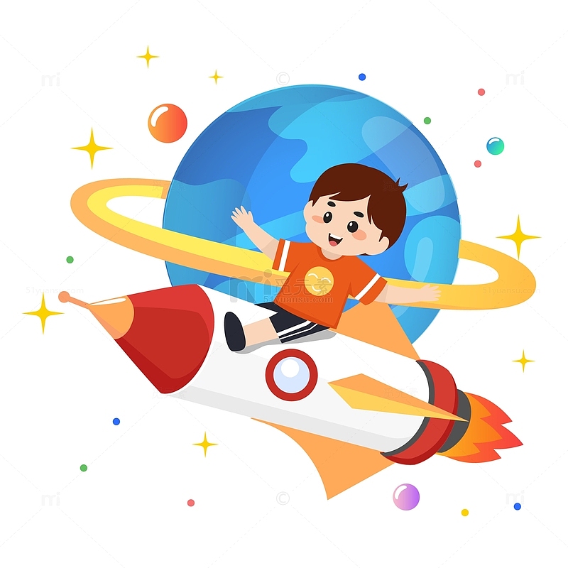 卡通可爱儿童坐火箭航空教育装饰插画元素