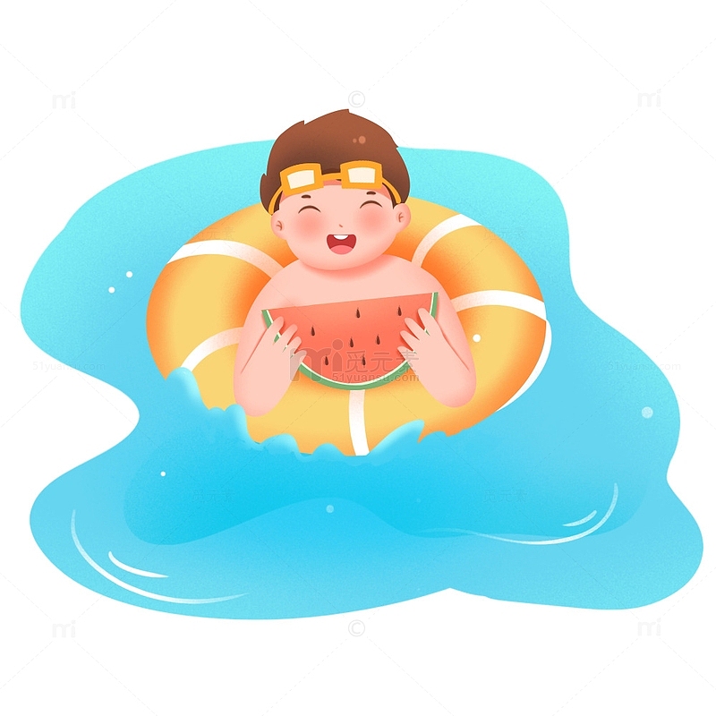 夏天游泳吃西瓜小朋友元素