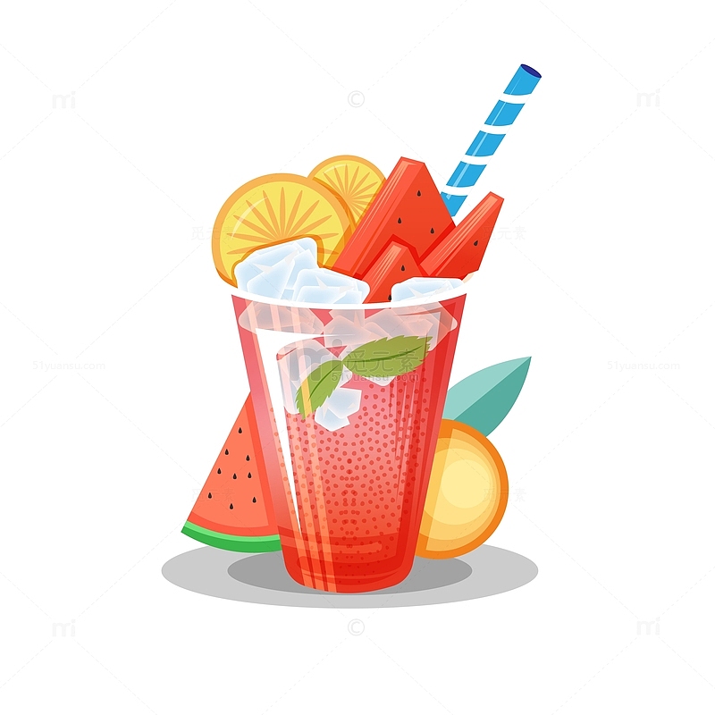 西瓜橙子水果饮品奶茶矢量插画元素