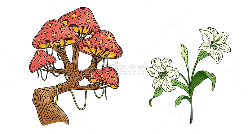 植物蘑菇树和百合花线稿